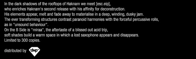 In the dark shadows of the rooftops of Haknam we meet esc.eip, who enriches Haknam’s second release with his affinity for deconstruction. His elements appear, melt and fade away to materialise in a deep, winding, dusky jam. The ever transforming structures contrast paranoid harmonies with the forceful percussive rolls, as in “unsound behaviour”. On the B Side is “miraa”, the aftertaste of a blissed out acid trip, soft shades build a warm space in which a lost saxophone appears and disappears. 